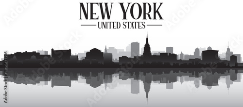 Black and white panoramic poster of the city skyline with misty background buildings and water reflection of NEW YORK, UNITED STATES