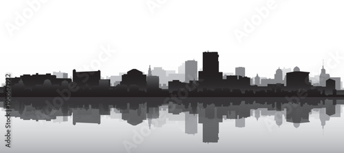 Black and white panoramic poster of the city skyline with misty background buildings and water reflection of LOS ANGELES, UNITED STATES