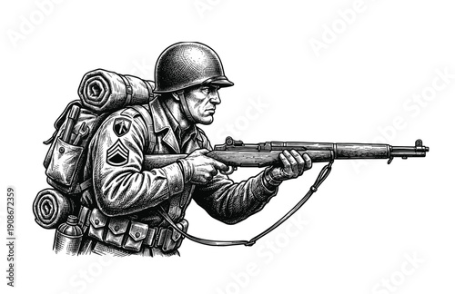Vintage Engraving Woodcut Illustration of World War II Era Soldier with Rifle and Gear