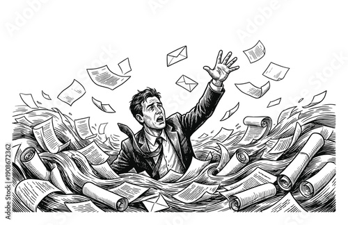 Vintage Engraving Woodcut Illustration of Overwhelmed Professional Drowning in Sea of Documents and Envelopes
