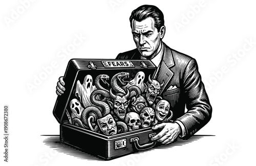 Vintage Engraving Woodcut Illustration of Man Opening Briefcase Filled with Monsters and Snakes Fear Concept