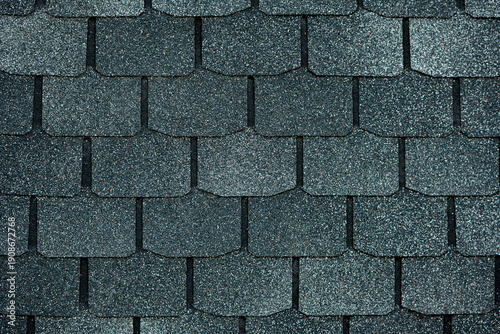 Dark Asphalt Roof Shingles Texture, Bitumen Roofing Background with Repeating Pattern, Top View Construction Material