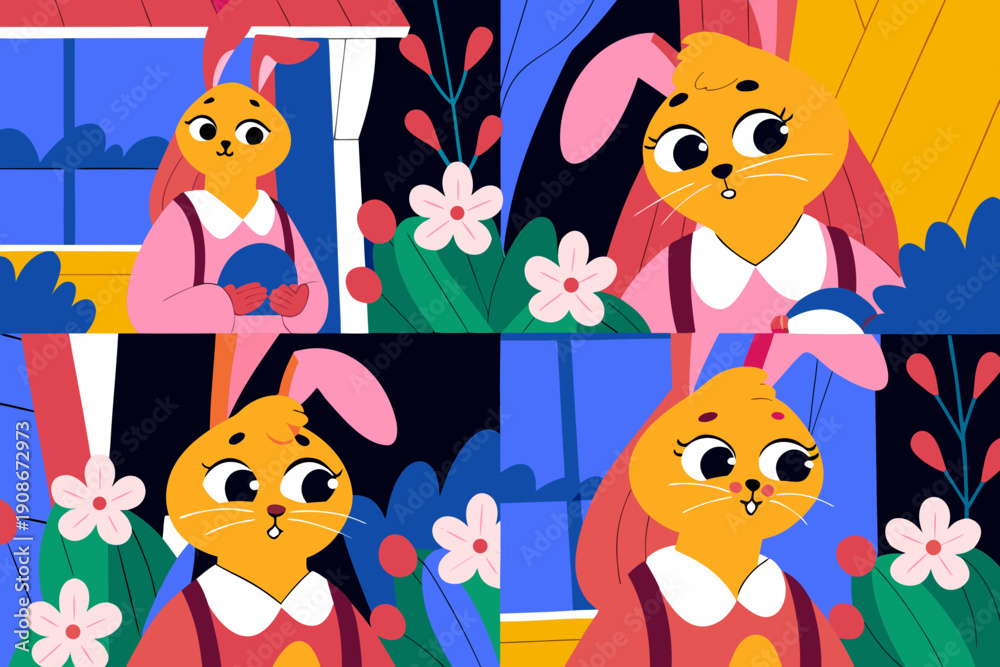 Naklejka premium Cute Easter bunny characters in flat style, featuring four distinct poses with colorful flowers and a window in a vibrant spring setting