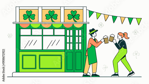 Illustration of a cheerful bartender serving beer to a customer outside a festive pub decorated with shamrocks and colorful bunting for a celebration celebration scene for St. Patricks Day