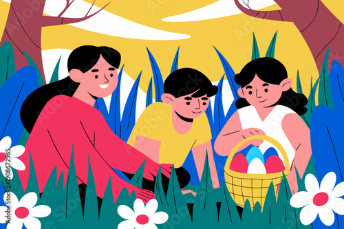 Three children engaged in an Easter egg hunt in a colorful outdoor setting with flowers and trees, one child holding a basket filled with decorated eggs