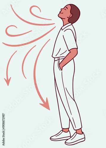 Person standing upright with hands in pockets, taking a deep breath, surrounded by flowing lines representing air movement in a minimalist illustration style
