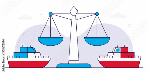 Illustration of a scale of justice positioned between two tankers, symbolizing international maritime law and the balance of legal regulations in shipping and trade