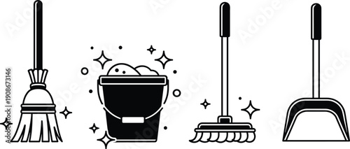 Cleaning tools icons including broom, bucket with soapy water, mop, and dustpan, black and white line symbols for hygiene illustration