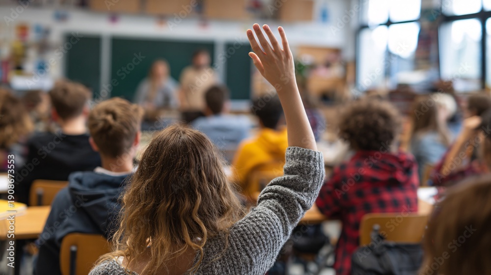 Fototapeta premium Student raising hand to ask question in busy classroom setting
