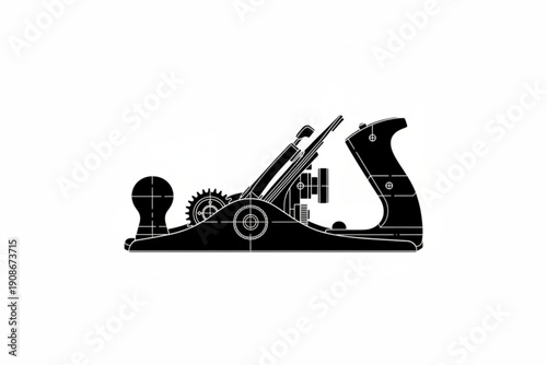 Woodworking plane silhouette: A detailed silhouette of a woodworking plane, illustrating the tool's intricate design and functionality.