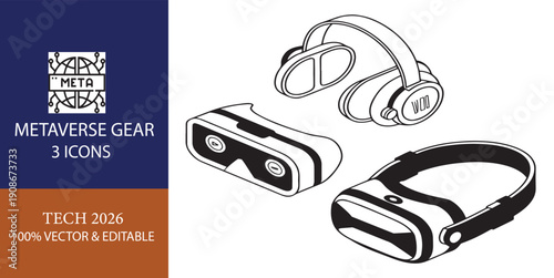 Metaverse Gear Icons Set Featuring VR Headsets and Goggles in Black and White Line Art Style for Tech and Gaming Concepts