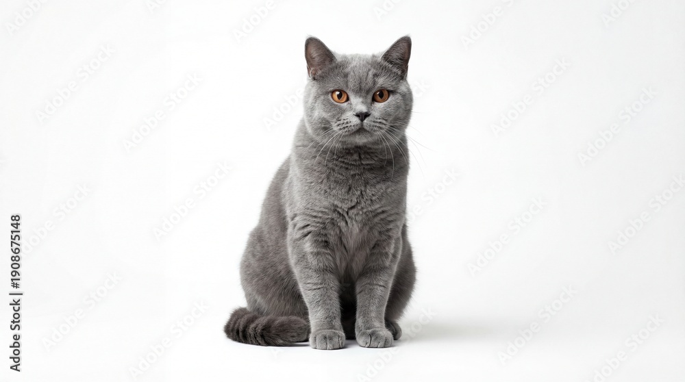 Obraz premium A beautiful grey cat sitting on a white background