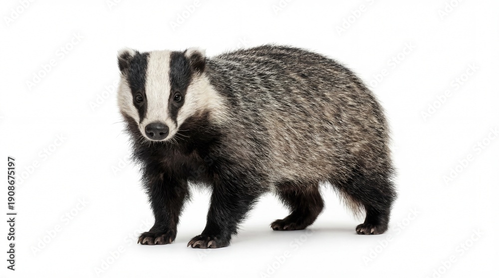 Fototapeta premium A badger stands on a white background, looking directly at the camera with its distinctive white stripes and black fur.
