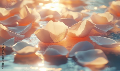 Artistic close-up of delicate white rose petals, arranged on a soft pastel surface illuminated by diffused natural light for a romantic floral composition