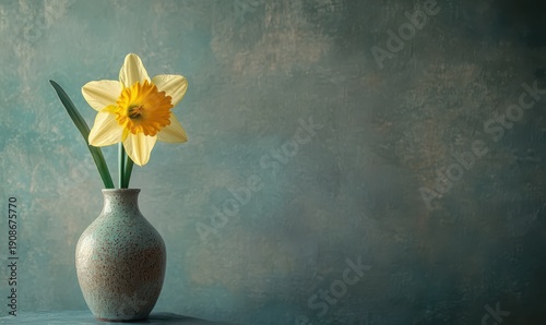 Artistic composition of a single yellow daffodil in full bloom placed in a textured ceramic vase, soft light emphasizing its vibrant tones and delicate petals