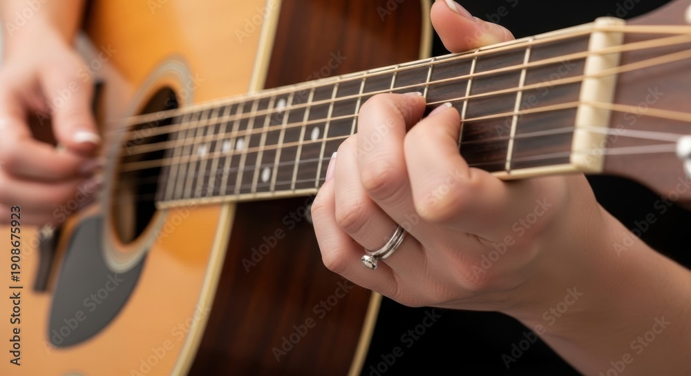 Obraz premium Female hands playing chords on acoustic guitar close-up