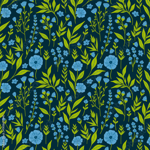 Floral cute seamless pattern with hand drawn beautiful flowers, leaves and herb. Spring and summer trendy background. Abstract modern print. Vector flat illustration.