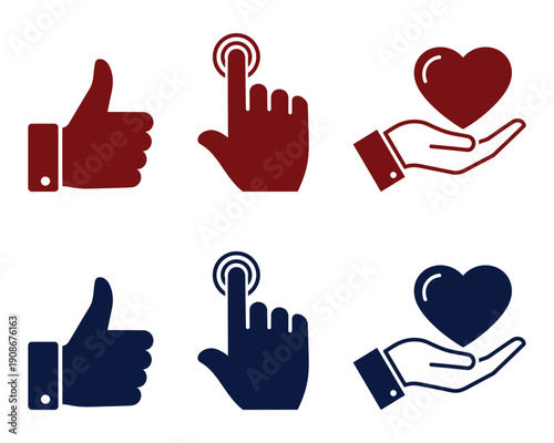Approval and social interaction icon set with hand gestures and feedback symbols