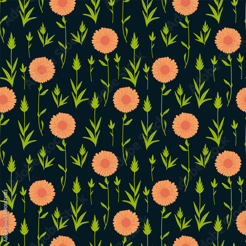 Floral cute seamless pattern with hand drawn beautiful flowers, leaves and herb. Spring and summer trendy background. Abstract modern print. Vector flat illustration.