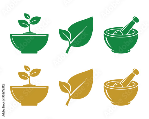 Natural health and wellness icon set with plant and bowl symbols