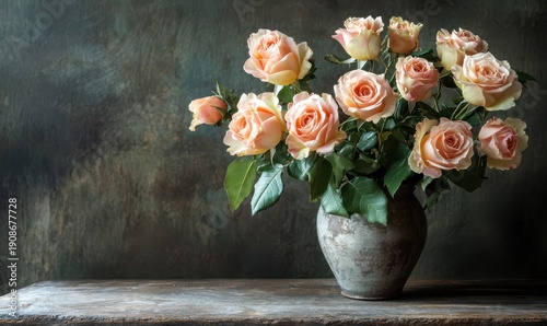 Blooming roses in a rustic vase on a weathered wooden table, soft lighting and rich colors creating a timeless and elegant floral arrangement