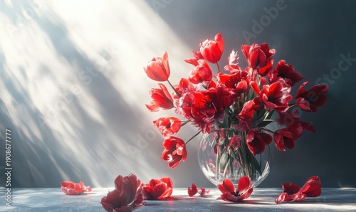 Bold floral arrangement featuring tulips in vibrant red tones, placed in a clear glass vase illuminated by bright sunlight for a striking display