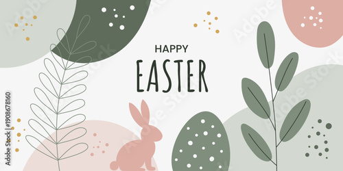 Happy Easter decorative background with bunny, eggs and abstract organic shapes in minimal boho style. Vector illustration.
