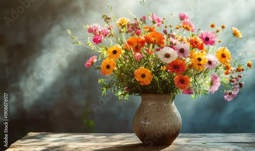 Bright bouquet of wildflowers in rich orange, pink, and yellow hues, arranged in a ceramic vase and placed on a rustic wooden table under soft natural light