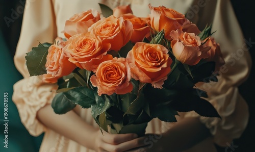 Bright orange roses arranged in a hand-tied bouquet, bold colors and soft shadows emphasizing their lush petals and timeless beauty