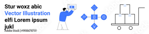 Worker using a tablet, system icons displaying processes, cart loaded with boxes. Ideal for logistics, inventory, technology, supply chain, workflow, productivity simple landing page