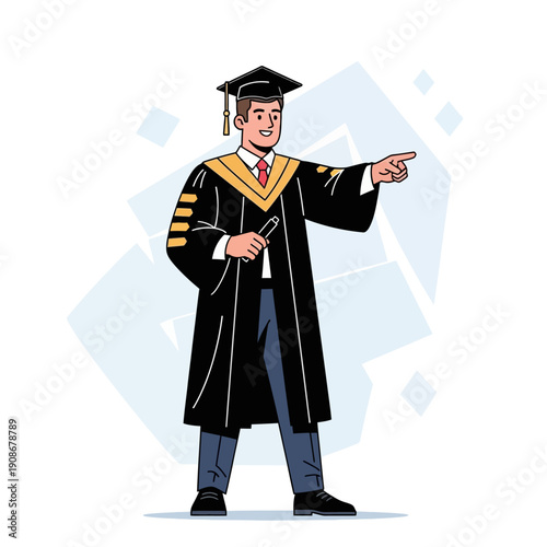 Cartoon Graduate Man Holding Diploma Pointing Right in White Background with Gold Trim Gown