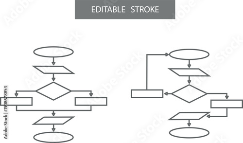 Programming flowchart icon set with logic diagram structures and decision blocks. Editable stroke.