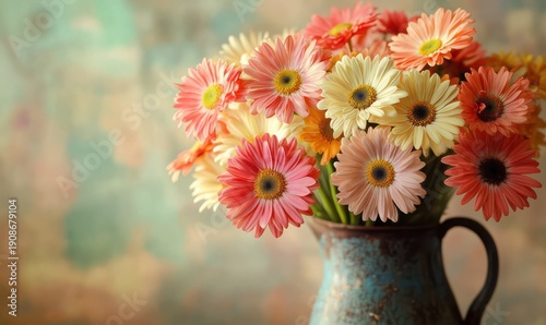 Close-up of a bouquet of vibrant daisies arranged in a vintage vase, soft light creating a cheerful and rustic floral centerpiece