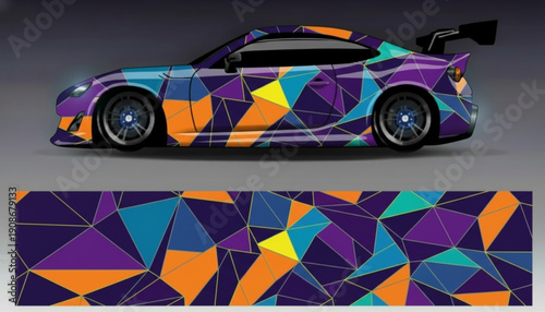 A sports car with a vibrant geometric polygonal pattern wrap in purple, orange, blue, and yellow, with a gold outline.