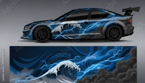 Blue sports car with a dynamic storm-themed wrap featuring a powerful white wave and striking blue lightning bolts against dark clouds.