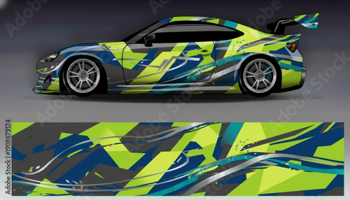 Sports car with a vibrant geometric abstract vinyl wrap design in lime green, blue, and grey colors, showcasing the full pattern.