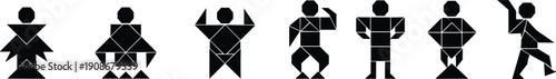 Tangram human figures illustration with geometric shapes, posture and action symbols, educational design, creative spatial reasoning vector graphic artwork