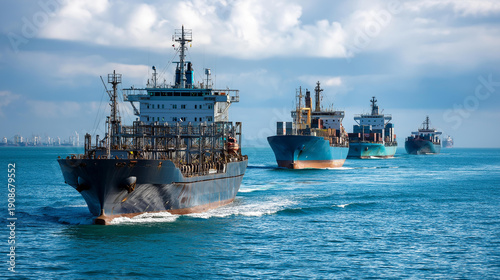 Many cargo ships sailing on sea, maritime transport, ocean vessels, shipping industry, international freight, defocused background, with copy space