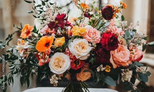 Close-up of a vibrant flower bouquet featuring bold red and orange blooms, natural light illuminating their rich tones creating a lively and elegant floral focus