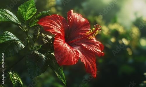 Close-up of a vibrant red hibiscus flower with intricate petal details, surrounded by soft green leaves under warm natural sunlight