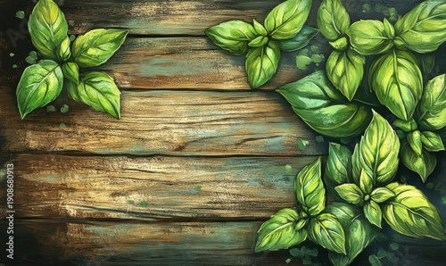 Close-up of fresh basil leaves arranged on a rustic wooden surface, their vibrant green tones and crisp textures creating a fresh culinary vibe