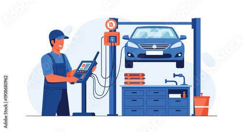 A smiling mechanic operates a diagnostic machine connected to a blue car lifted on a ramp in a car workshop.