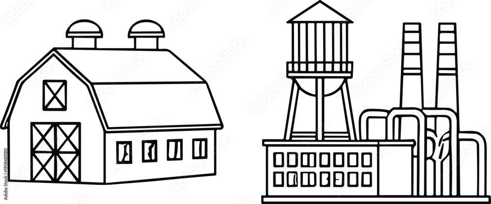 Obraz premium Barn and industrial factory with smokestacks farm building industrial plant