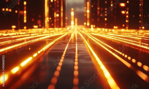 Close-up of illuminated highway lines glowing in warm tones, stretching into the distance with a futuristic urban backdrop