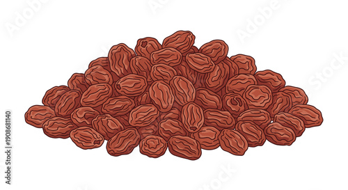 A small pile of dark brown dried raisins is displayed on a clean white background, showcasing their natural texture and irregular shapes.