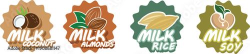 Set of labels with almond, soy, coconut, rice milk. Vector set of packaging design elements FOR NUTRITIONAL NUTRITION