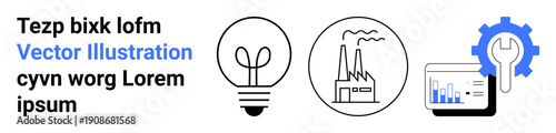 Innovation, industry, energy solutions, manufacturing, data analysis, technology. Light bulb, factory graph and gear symbol ideas and functionality. Innovation and industry
