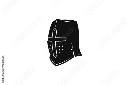 Knight's Helmet Silhouette: A stylized, monochrome illustration of a medieval knight's helmet, symbolizing strength, protection, and the historical era of chivalry.