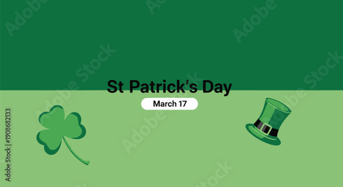 St. Patrick's Day banner with shamrock, top hat and 'March 17' text on green gradient background