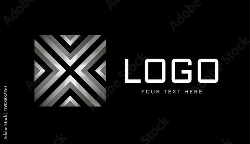 A geometric logo concept template, a stylish abstract design element. Vector illustration isolated on black background with metal texture. A X-shape square emblem for business or auto service 
